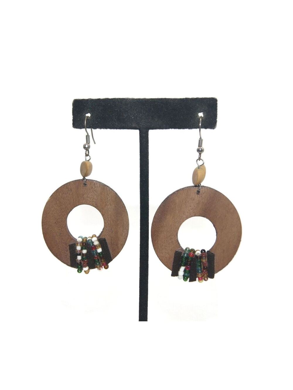 Vintage Wooden and Glass Beads Dangle Earrings with Hook Backs for Pierced Ears.
